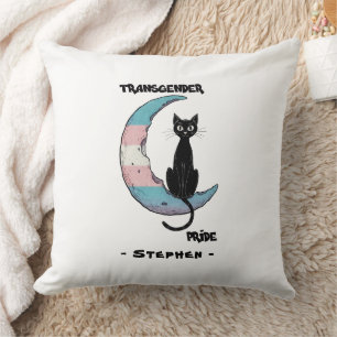 Transgender Pride – Black Cat on Trans Flag Moon Cushion
