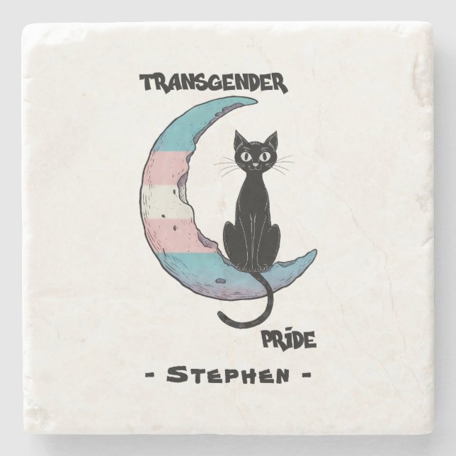 Transgender Pride – Black Cat on Trans Flag Moon Stone Coaster (Front)