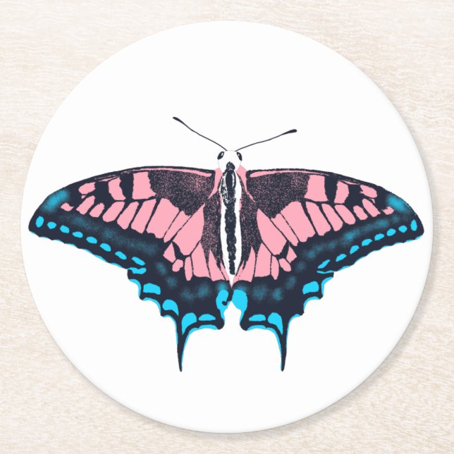 Transgender Pride Flag Swallowtail Butterfly Round Paper Coaster (Front)
