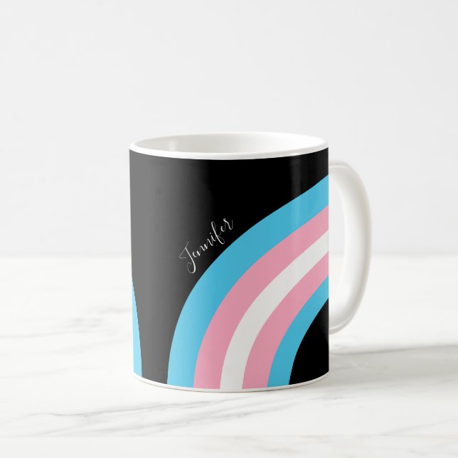 Transgender Rainbow Pride Flag Custom Black Coffee Mug (Front Right)
