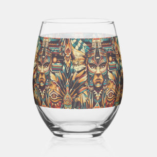 Translucent Cyan "Mesoamerican Motif" Wine Tumbler Stemless Wine Glass