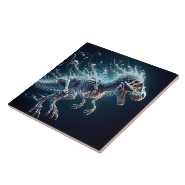 Translucent Dinosaur Skeleton Glowing in Darkness Ceramic Tile (Side)