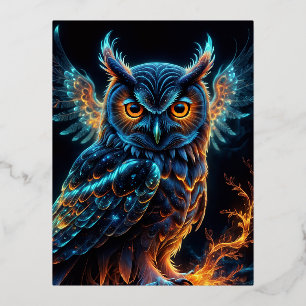 Translucent owl, glowing, luminism, bioluminescen foil holiday postcard