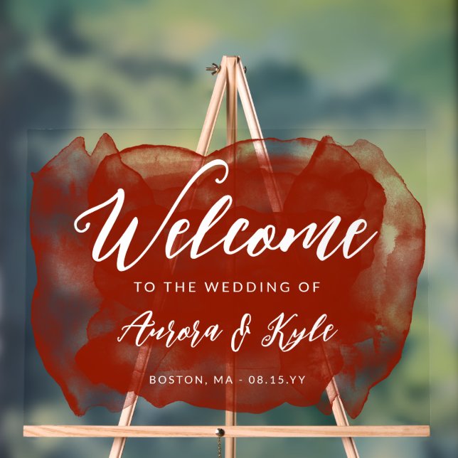 Translucent Rufous Red Watercolor Wedding Welcome Acrylic Sign (Neutral)