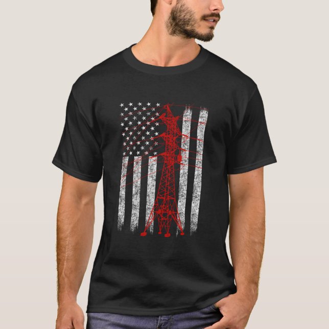 Transmission Tower American Flag Line T-Shirt (Front)