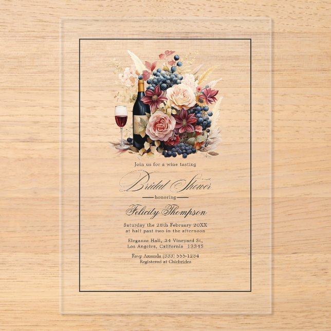 Transparent Acrylic Wine and Floral Bridal Shower Acrylic Invitations (Front)