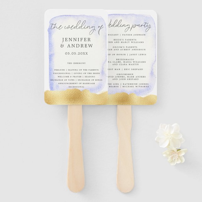 Transparent Blue Gold Foil Wedding Program Hand Fan (Front and Back)