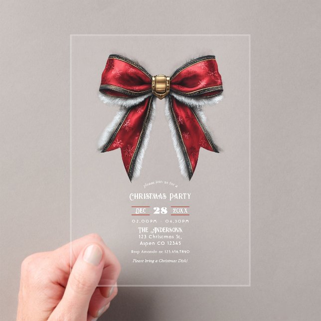 Transparent Elegant Red Bow Christmas Party Acrylic Invitations (Insitu (Handheld))