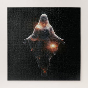 Transparent Female Entity Hovering in Universe Jigsaw Puzzle