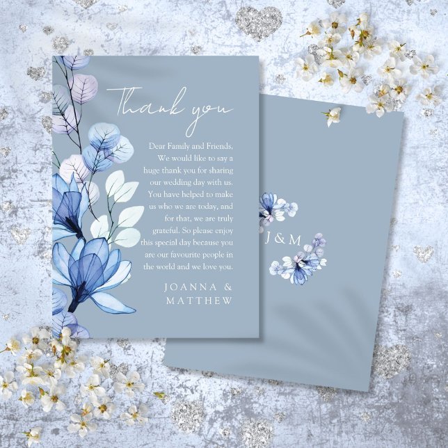 Transparent Floral Dusty Blue Wedding Thank You Place Card (Transparent Floral Dusty Blue Wedding Thank You Place Card)