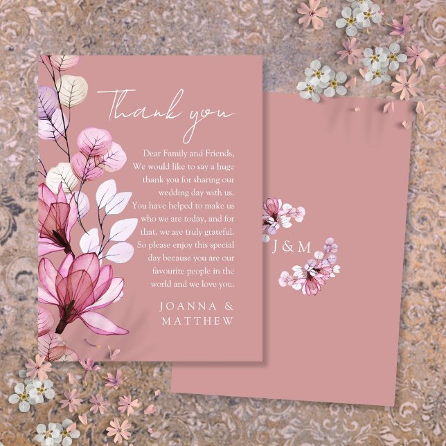 Transparent Floral Dusty Rose Wedding Thank You Place Card (Transparent Floral Dusty Rose Wedding Thank You Place Card)