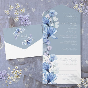 Transparent Floral Monogram Dusty Blue Wedding All In One Invitation