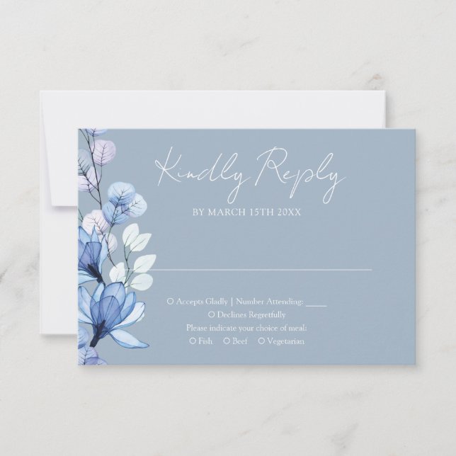 Transparent Floral Monogram Dusty Blue Wedding RSVP Card (Front)