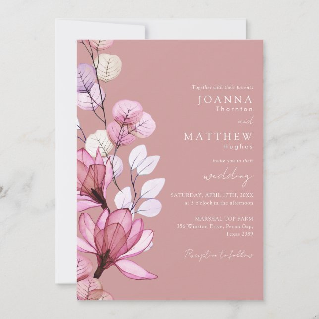 Transparent Floral QR Code Dusty Rose Wedding Invitation (Front)