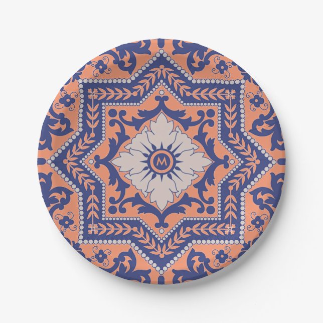 Transparent Monogram Azulejo Style  Paper Plate (Front)