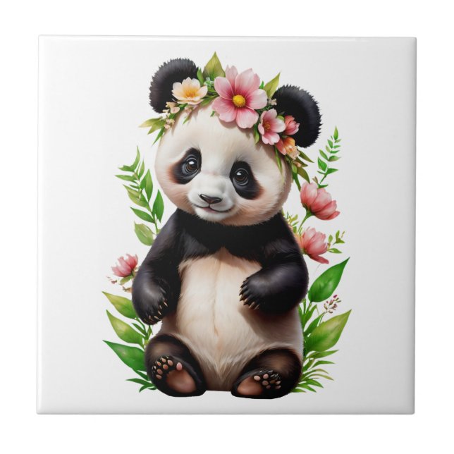Transparent Panda Bear With Flowers Ceramic Tile (Front)