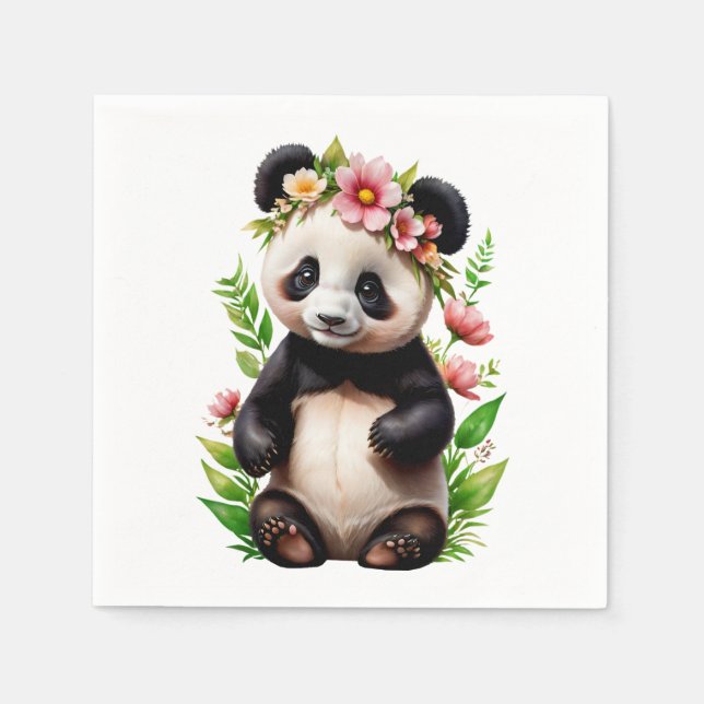 Transparent Panda Bear With Flowers Napkin (Front)