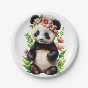 Transparent Panda Bear With Flowers Paper Plate