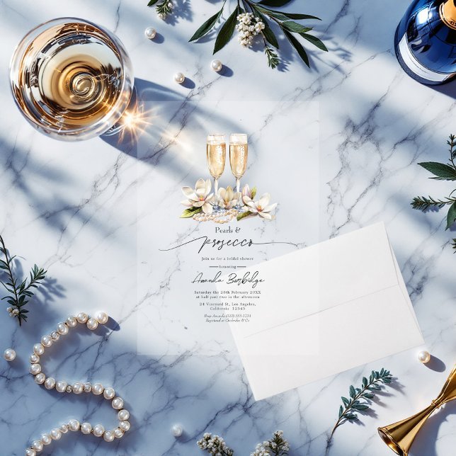 Transparent Pearls and Prosecco Bridal Shower Acrylic Invitations (Transparent Pearls and Prosecco Bridal Shower Acrylic Invitation)