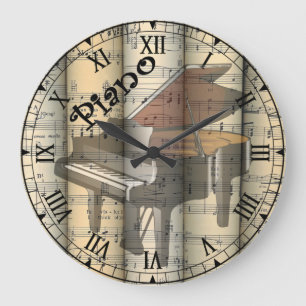 Transparent Piano ~ Rolled Vintage Sheet Music ~ Large Clock