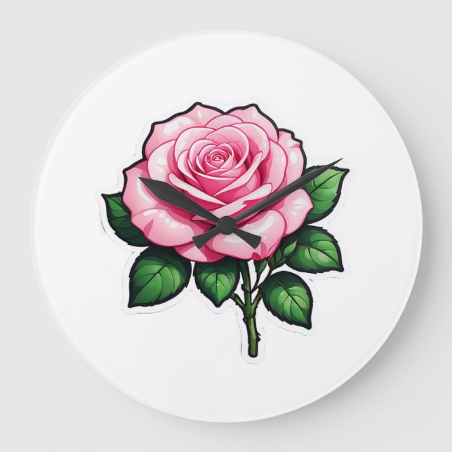 Transparent Pink Rose Flower Sticker Large Clock (Front)