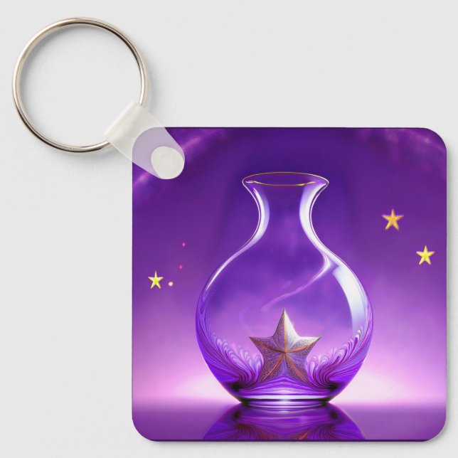 Transparent Purple Vase With Star All Under Dome Key Ring (Front)