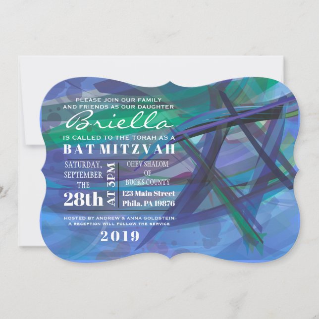 TRANSPARENT STAR Bat Bar Mitzvah Invitation blue (Front)
