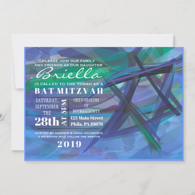 TRANSPARENT STAR Bat Bar Mitzvah Invitation blue (Front)