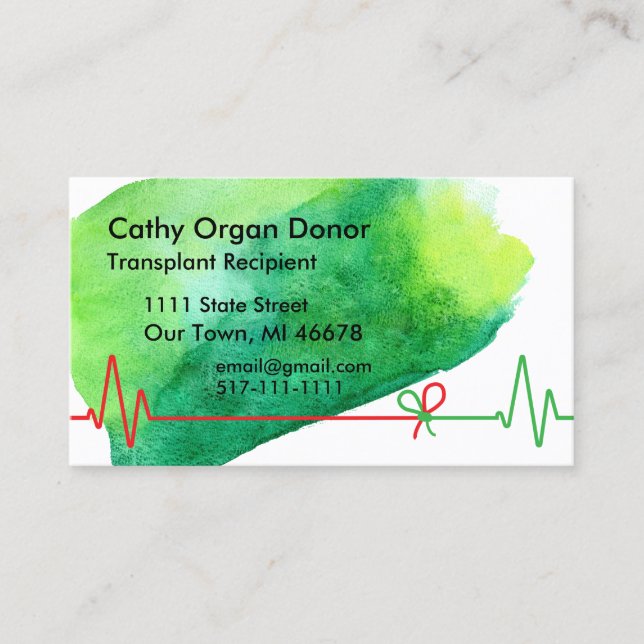Transplant Recipient Green Watercolor Business Card (Front)