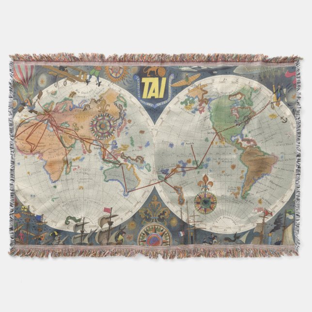 Transport Aeriens Internationaux World Map Throw Blanket (Front)