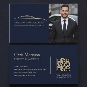 Transport Car QR Code Photo Blue & Gold Business Card