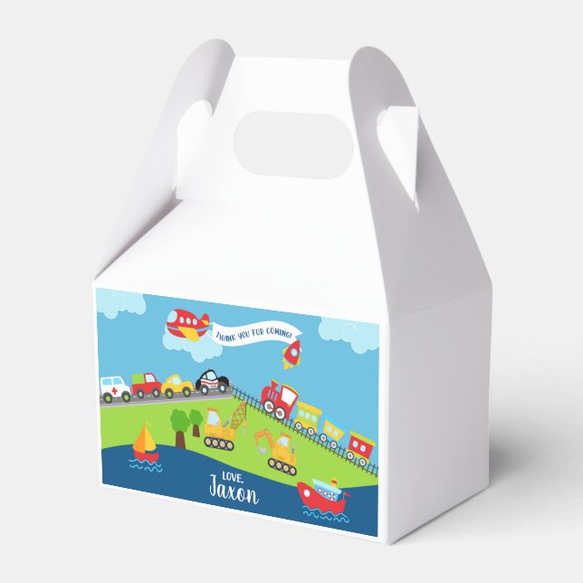 Transport vehicles boy birthday favour box. box (Front Side)