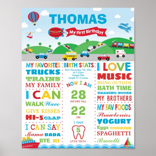 Transportation 1st Birthday Milestone Birth Stats Poster (Front)