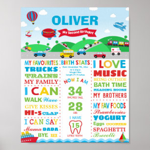 Transportation 2nd Birthday Milestone Birth Stats Poster