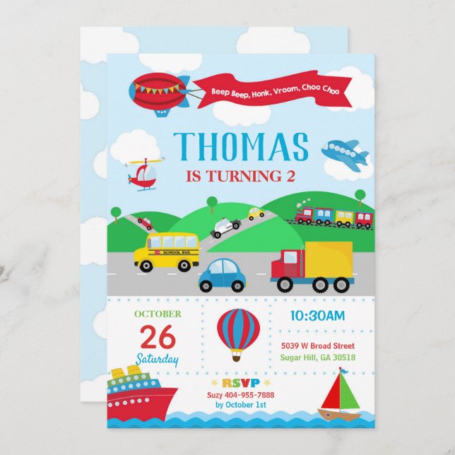 Transportation Birthday Invitation Boy (Front/Back)