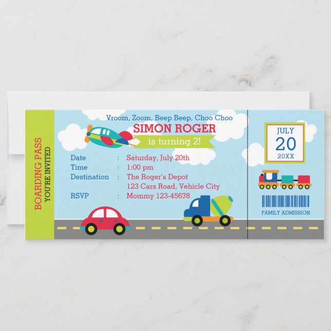 Transportation Birthday Invitation Car Plane Truck (Front)