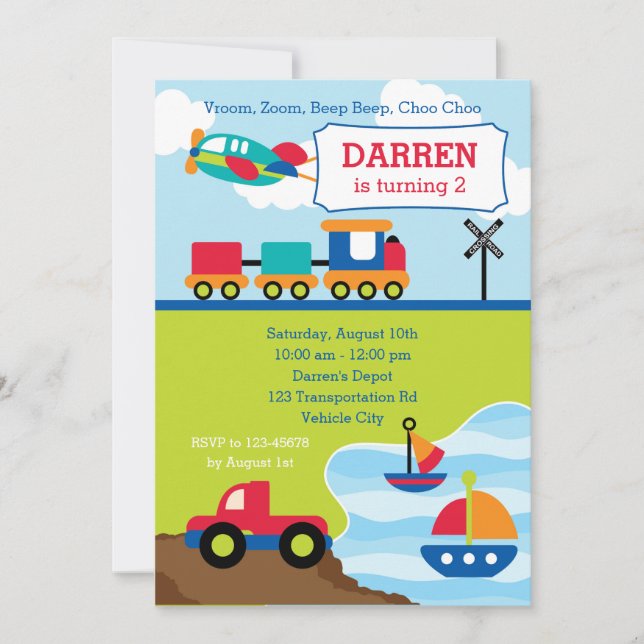 Transportation Birthday Invitations for Boys (Front)