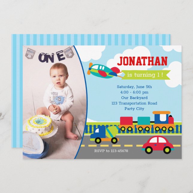 Transportation Birthday Invitations with Photo (Front/Back)