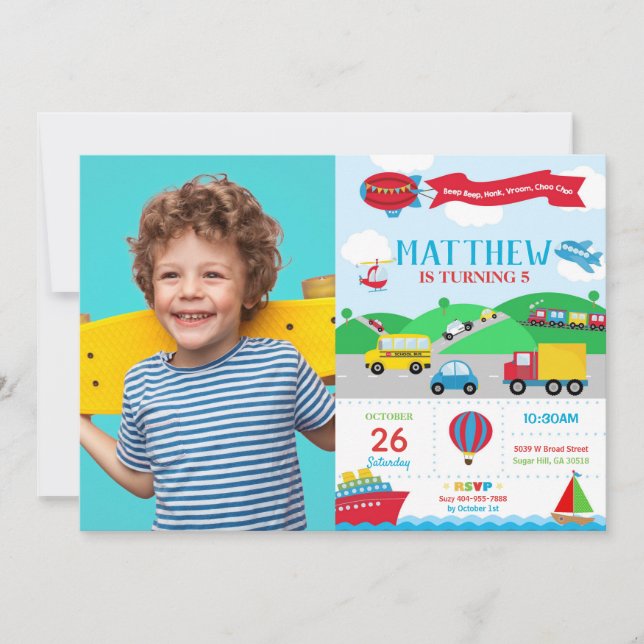 Transportation Birthday Photo Invitation Boy (Front)