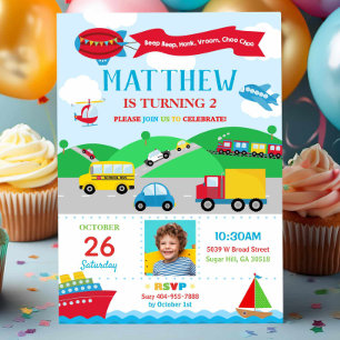 Transportation Birthday Photo Invitation Boy