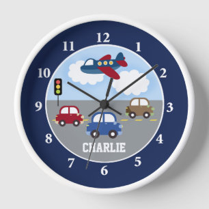 Transportation Cars Aeroplane Travel Kids Wall Clock
