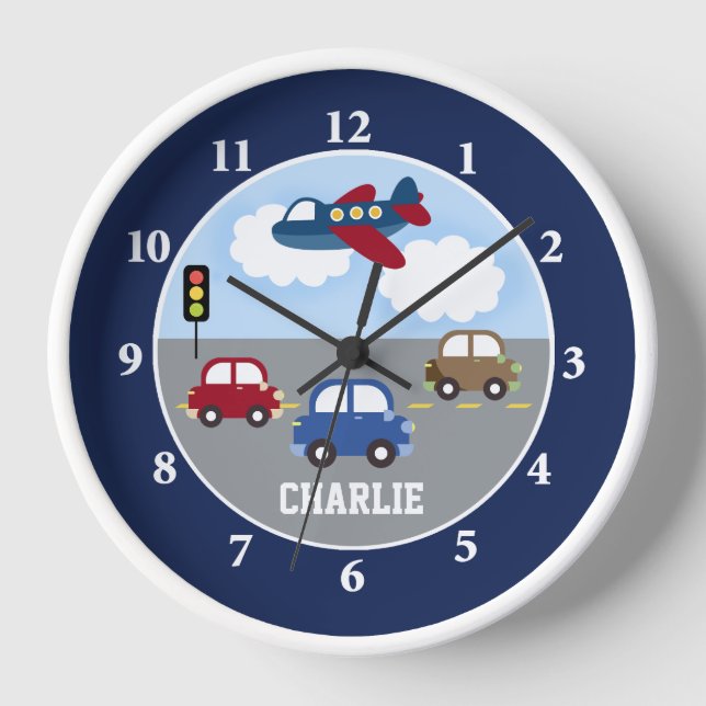 Transportation Cars Aeroplane Travel Kids Wall  Clock (Front)