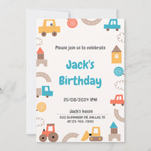 Transportation Cars and Trucks Boy Birthday Party Invitation