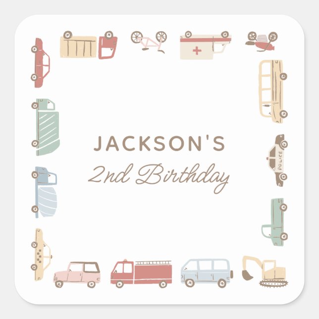 Transportation Cars and Trucks Boy Birthday Party Square Sticker (Front)