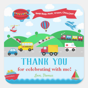 Transportation Cars Trains Boats Boy Birthday Square Sticker