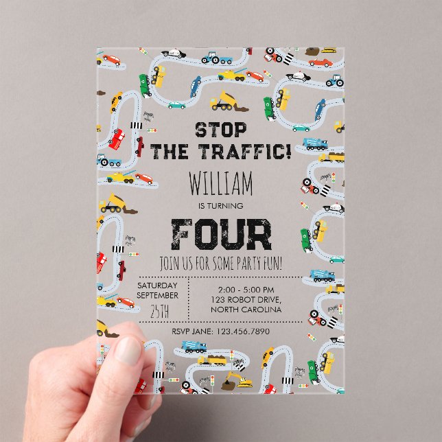 Transportation Cars Trucks Stop Traffic Birthday Acrylic Invitations (Insitu (Handheld))