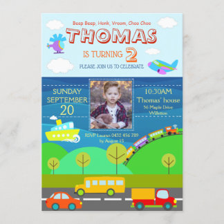 Transportation Cartoon Personalise Birthday RSVP Invitation