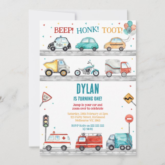 Transportation City Cars and Truck Boy Birthday Invitation (Front)