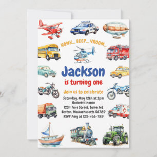 Transportation City Cars and Truck Boy Birthday Invitation