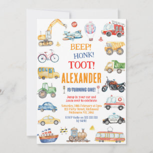 Transportation City Cars and Truck Boy Birthday Invitation